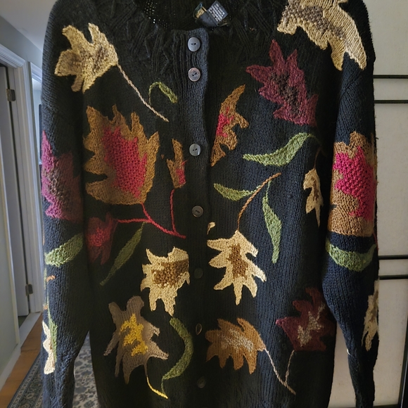 Floral Patterned Black Sweater Failing Leave Virgin Wool Perfect For Thanksgivi - Picture 2 of 16